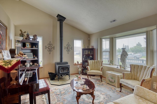 822 N Kelsea St, Medical Lake, WA 99022 - living area featuring a wood stove, vaulted ceiling, a textured ceiling, and baseboards