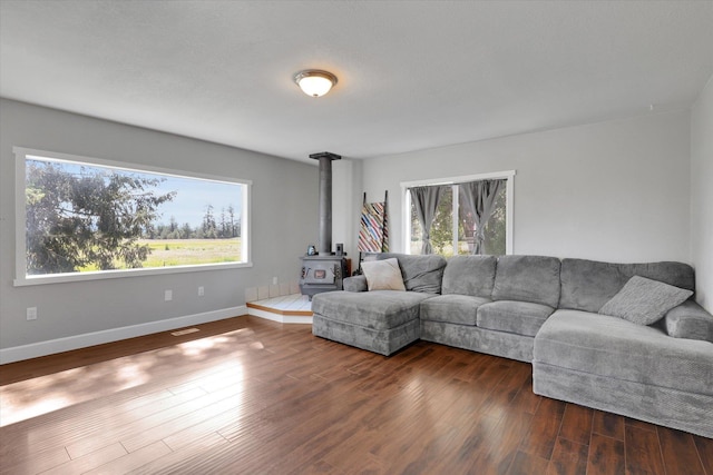 4606 S Grove Rd, Spokane, WA 99224 - living room with a wood stove, baseboards, and dark wood-type flooring
