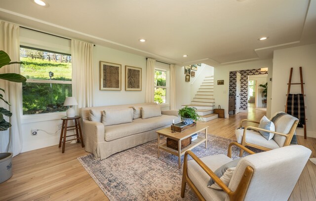 19009 N Little Spokane Dr, Colbert, WA 99005 - living area with stairs, light wood-style floors, and recessed lighting