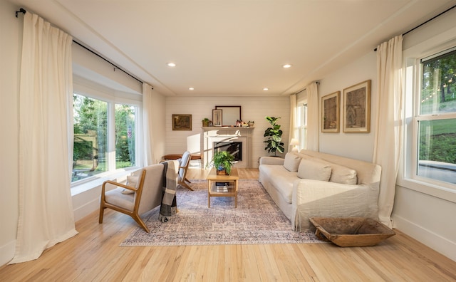 19009 N Little Spokane Dr, Colbert, WA 99005 - living room with healthy amount of natural light, wood finished floors, baseboards, recessed lighting, and a fireplace