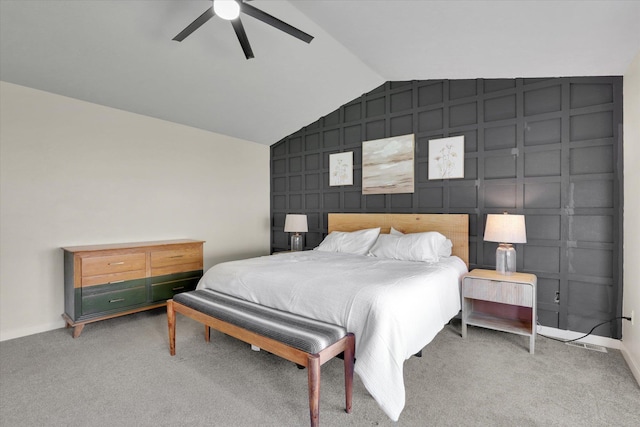 10102 N Comanche Dr, Spokane, WA 99208 - bedroom with lofted ceiling, baseboards, light carpet, a ceiling fan, and an accent wall