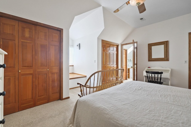 5711 E Nancy Ln, Mead, WA 99021 - bedroom featuring light carpet, lofted ceiling, a ceiling fan, and baseboards