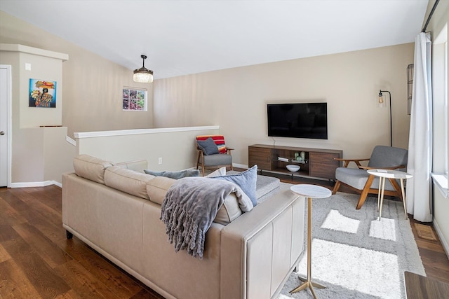 1725 N Mcmillan Ln, Spokane Valley, WA 99016 - living room featuring dark wood-style floors, baseboards, and lofted ceiling