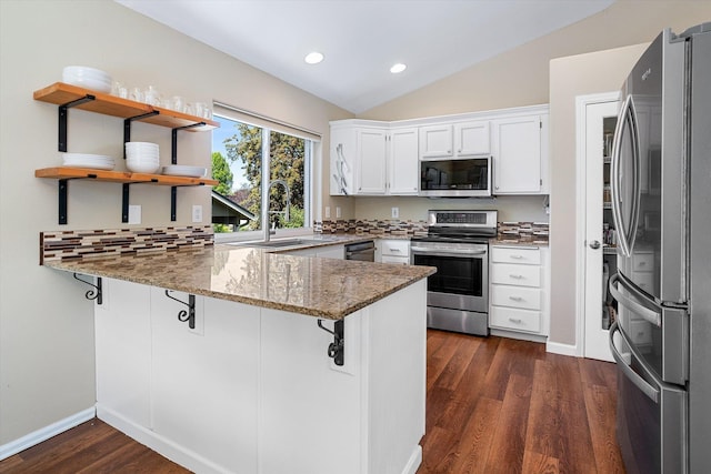 1725 N Mcmillan Ln, Spokane Valley, WA 99016 - kitchen with appliances with stainless steel finishes, a sink, a peninsula, light stone counters, and vaulted ceiling