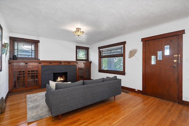 617 W Carlisle Ave, Spokane, WA 99205 - living area featuring light wood-style flooring, a textured ceiling, baseboards, and a fireplace