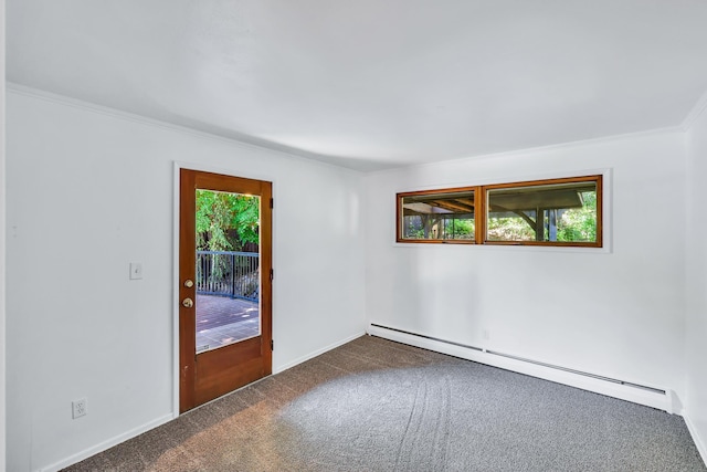 10401 N College Cir, Spokane, WA 99218 - unfurnished room featuring a baseboard radiator, dark colored carpet, crown molding, and baseboards
