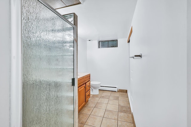 10401 N College Cir, Spokane, WA 99218 - bathroom featuring a baseboard heating unit, a shower stall, tile patterned flooring, toilet, and vanity