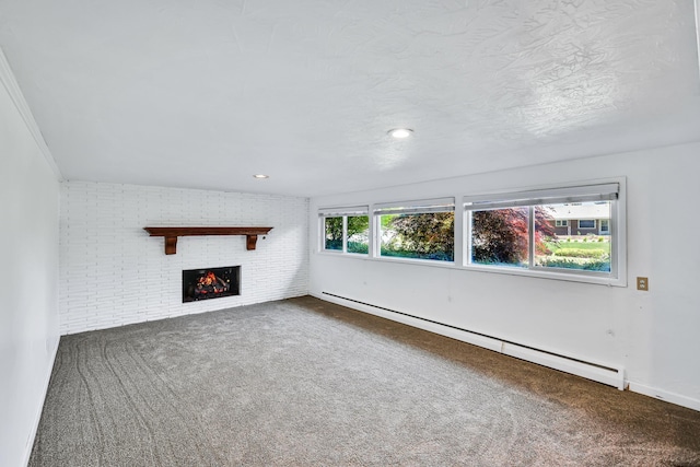 10401 N College Cir, Spokane, WA 99218 - unfurnished living room featuring baseboard heating, carpet flooring, and a fireplace
