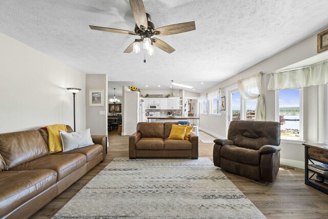 12621 N E Newman Lake Dr, Newman Lake, WA 99025 - living room featuring wood finished floors, baseboards, a textured ceiling, and a ceiling fan