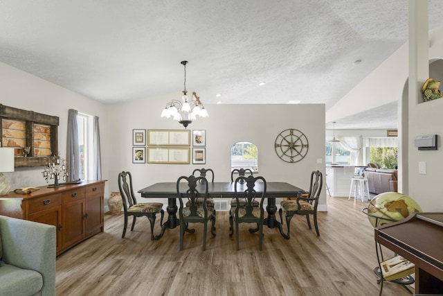 12621 N E Newman Lake Dr, Newman Lake, WA 99025 - dining area with lofted ceiling, light wood-style floors, a chandelier, a textured ceiling, and baseboards