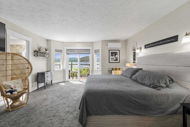 12621 N E Newman Lake Dr, Newman Lake, WA 99025 - carpeted bedroom featuring an AC wall unit, access to outside, baseboards, and a textured ceiling