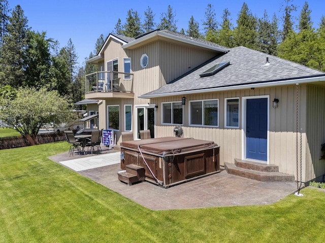 12621 N E Newman Lake Dr, Newman Lake, WA 99025 - rear view of house with a balcony, a hot tub, a shingled roof, entry steps, and a patio