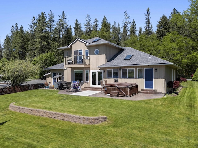 12621 N E Newman Lake Dr, Newman Lake, WA 99025 - rear view of house with a balcony, a hot tub, a patio area, a shingled roof, and entry steps