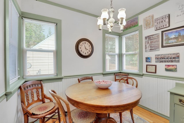 1211 W 17th Ave, Spokane, WA 99203 - dining space with a wainscoted wall, a chandelier, plenty of natural light, light wood finished floors, and ornamental molding