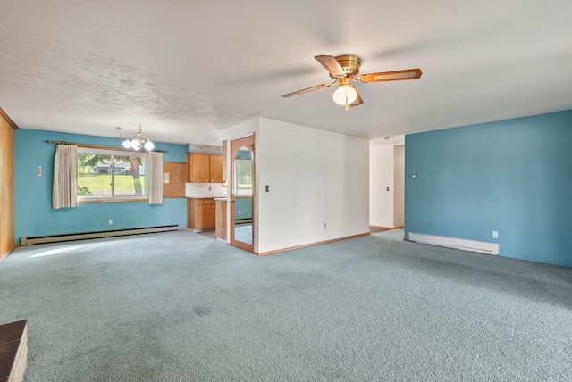 11132 S Silver Lake Rd, Medical Lake, WA 99022 - unfurnished living room with a baseboard radiator, a baseboard heating unit, ceiling fan, a chandelier, and light carpet