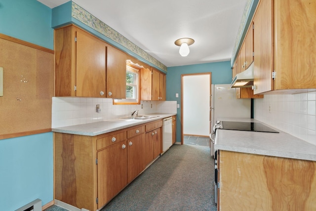 11132 S Silver Lake Rd, Medical Lake, WA 99022 - kitchen with under cabinet range hood, a sink, white dishwasher, light countertops, and backsplash