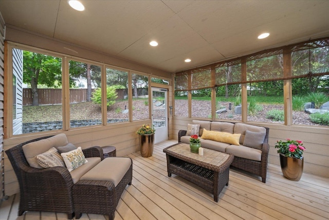 6730 S Moran View St, Spokane, WA 99224 - sunroom with healthy amount of natural light, recessed lighting, hardwood / wood-style flooring, a deck, and an outdoor hangout area