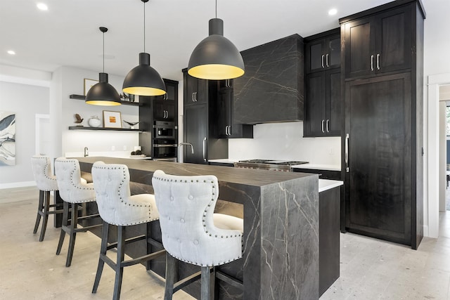 13858 N Boulder Park Ln, Spokane, WA 99208 - kitchen with recessed lighting, a kitchen bar, open shelves, and decorative light fixtures