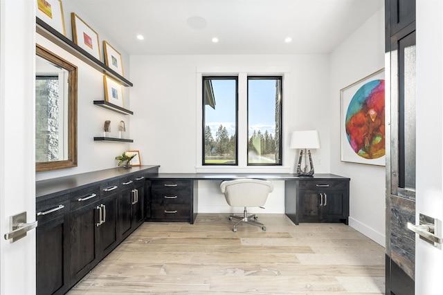 13858 N Boulder Park Ln, Spokane, WA 99208 - home office with light wood-type flooring, baseboards, recessed lighting, and built in study area