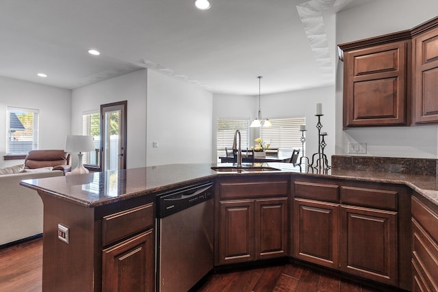 3260 W Magistrate Loop, Hayden, ID 83835 - kitchen with dishwasher, a sink, dark wood-type flooring, recessed lighting, and open floor plan