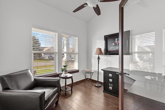 3260 W Magistrate Loop, Hayden, ID 83835 - living area featuring ceiling fan, lofted ceiling, wood finished floors, and baseboards
