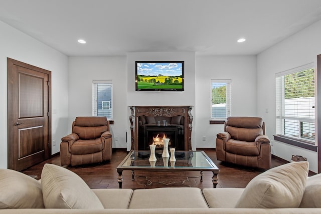 3260 W Magistrate Loop, Hayden, ID 83835 - living area featuring wood finished floors, recessed lighting, a warm lit fireplace, and baseboards