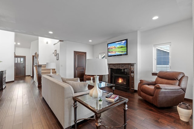 3260 W Magistrate Loop, Hayden, ID 83835 - living room with dark wood-type flooring, recessed lighting, and a premium fireplace