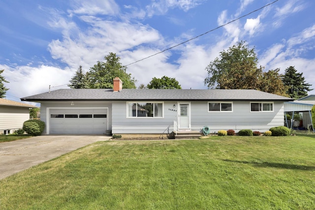 11307 E 8th Ave, Spokane Valley, WA 99206 - ranch-style house with a garage, concrete driveway, a chimney, a front lawn, and entry steps