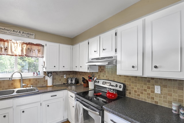 11307 E 8th Ave, Spokane Valley, WA 99206 - kitchen featuring stainless steel electric range oven, under cabinet range hood, a sink, white cabinetry, and dark countertops