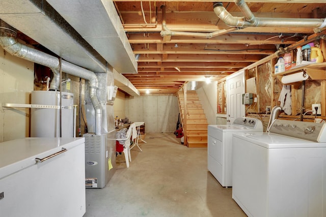 11307 E 8th Ave, Spokane Valley, WA 99206 - unfinished basement with separate washer and dryer, secured water heater, stairway, and heating unit