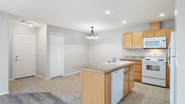 12218 W 10th Ave, Airway Heights, WA 99001 - kitchen featuring white appliances, light brown cabinetry, a sink, a chandelier, and light tile patterned floors