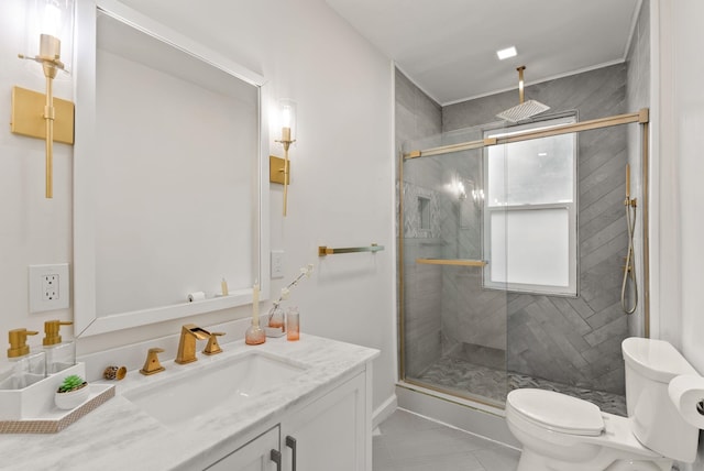 2018 E 6th Ave, Spokane, WA 99202 - bathroom with vanity, toilet, a shower stall, and tile patterned floors