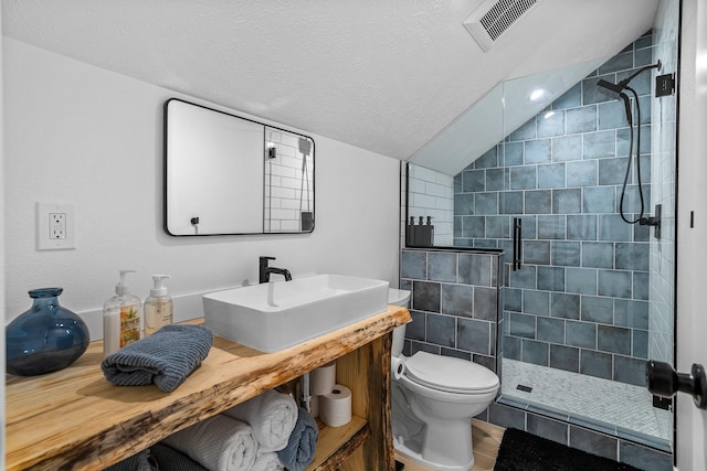 12916 N Newman St, Newman Lake, WA 99025 - bathroom with toilet, lofted ceiling, a shower stall, vanity, and a textured ceiling
