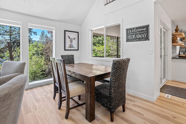 12916 N Newman St, Newman Lake, WA 99025 - dining room featuring light wood-type flooring, baseboards, and high vaulted ceiling