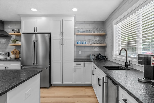12916 N Newman St, Newman Lake, WA 99025 - kitchen with high end fridge, open shelves, a sink, tasteful backsplash, and recessed lighting