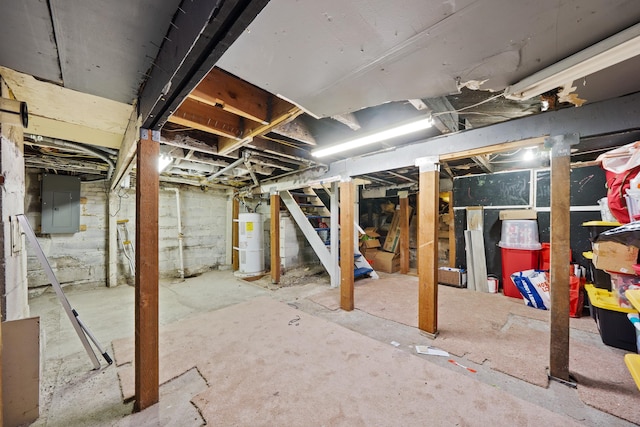 1503 E Dalton Ave, Spokane, WA 99207 - unfinished basement with water heater, electric panel, and stairs