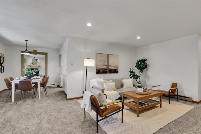 1002 W 7th Ave Unit 301, Spokane, WA 99204 - living room with light colored carpet, baseboards, a baseboard radiator, and recessed lighting