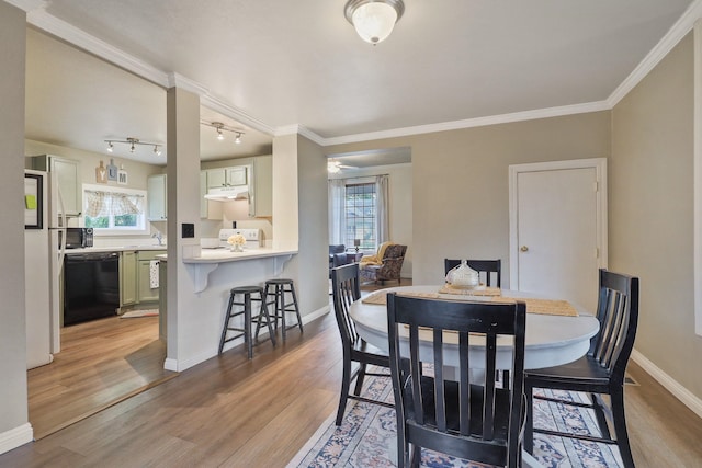 703 E Montgomery Ave, Spokane, WA 99207 - dining room with light wood-style floors, baseboards, ornamental molding, and a ceiling fan