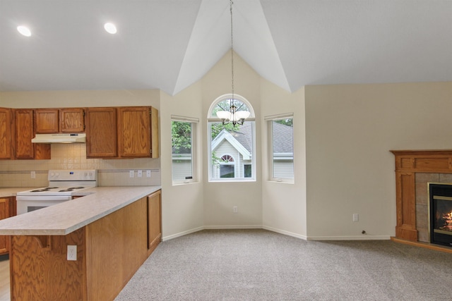 221 E Rockwood Blvd Unit 12, Spokane, WA 99202 - kitchen featuring electric stove, under cabinet range hood, light countertops, brown cabinets, and a peninsula