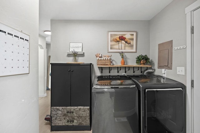 811 E Dalke Ave, Spokane, WA 99208 - washroom with electric panel, washing machine and clothes dryer, and light wood-type flooring