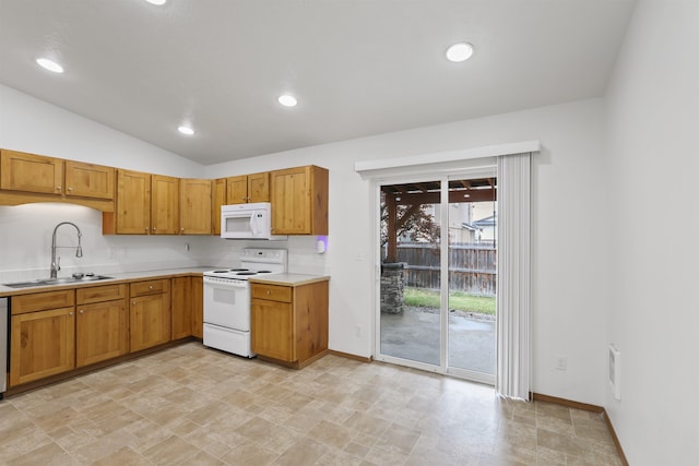 6021 N Addison St, Spokane, WA 99208 - kitchen featuring white appliances, a sink, light countertops, baseboards, and brown cabinets