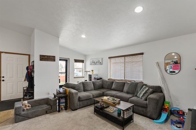 6021 N Addison St, Spokane, WA 99208 - living area featuring recessed lighting, vaulted ceiling, carpet, and a textured ceiling