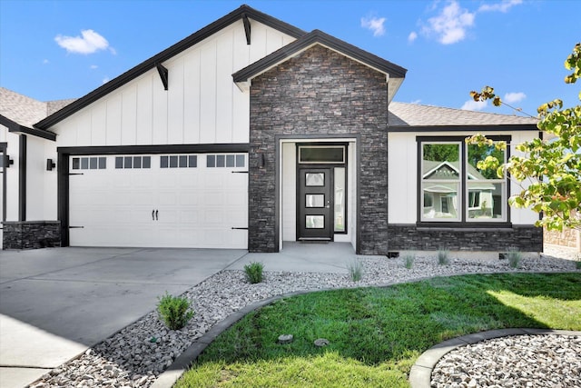 1109 N Country Club Dr Unit 20, Deer Park, WA 99006 - view of front of house featuring board and batten siding, stone siding, an attached garage, concrete driveway, and a shingled roof