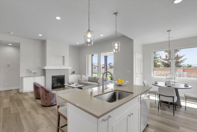 1109 N Country Club Dr Unit 20, Deer Park, WA 99006 - kitchen with a sink, light wood-type flooring, stainless steel dishwasher, a tiled fireplace, and recessed lighting