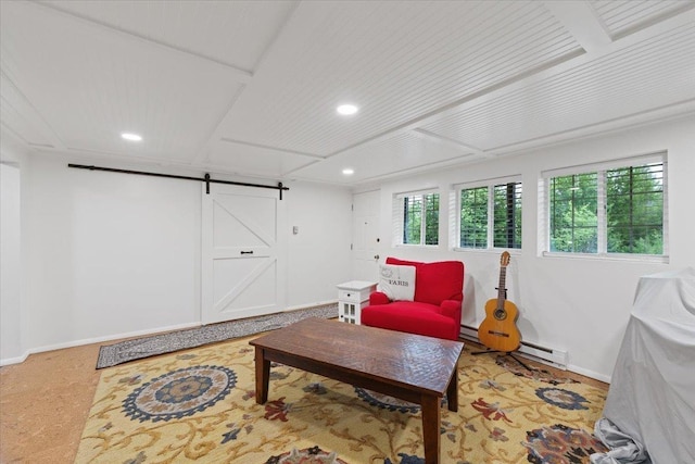 3720 E Bridges Rd, Elk, WA 99009 - sitting room with a barn door, recessed lighting, baseboards, and a baseboard radiator