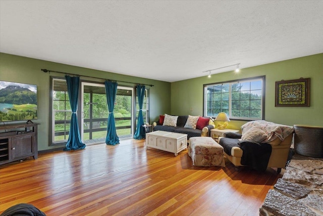 3720 E Bridges Rd, Elk, WA 99009 - living room with wood finished floors, track lighting, and a textured ceiling