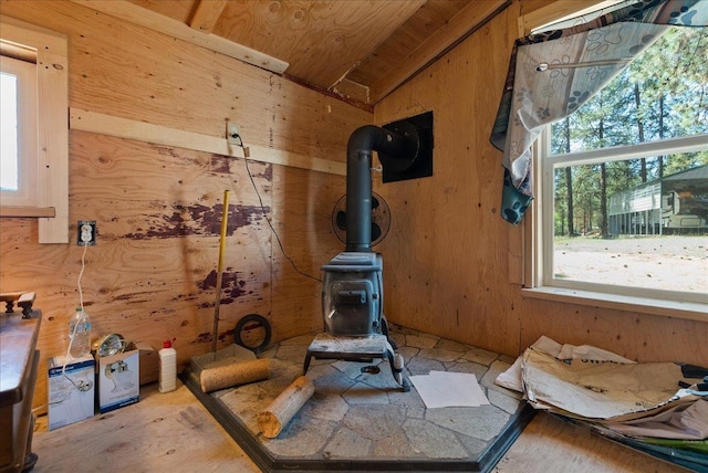 5 Crestview Rd, Kettle Falls, WA 99141 - detailed view of a wood stove, wooden ceiling, and wood walls