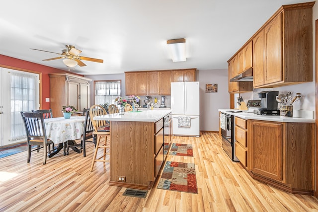 202 W Columbia Ave, Spokane, WA 99205 - kitchen with electric stove, freestanding refrigerator, under cabinet range hood, light countertops, and light wood-style flooring