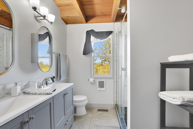 13625 S Sherman Rd, Spokane, WA 99224 - bathroom featuring wooden ceiling with exposed beams, double vanity, healthy amount of natural light, toilet, and tile patterned floors
