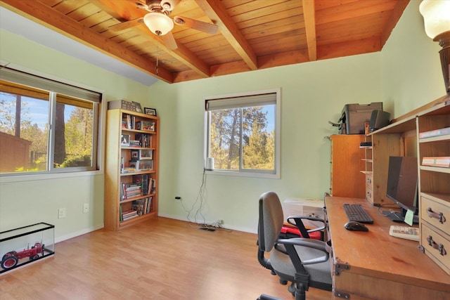 13625 S Sherman Rd, Spokane, WA 99224 - office area featuring wooden ceiling with exposed beams, healthy amount of natural light, wood finished floors, baseboards, and ceiling fan